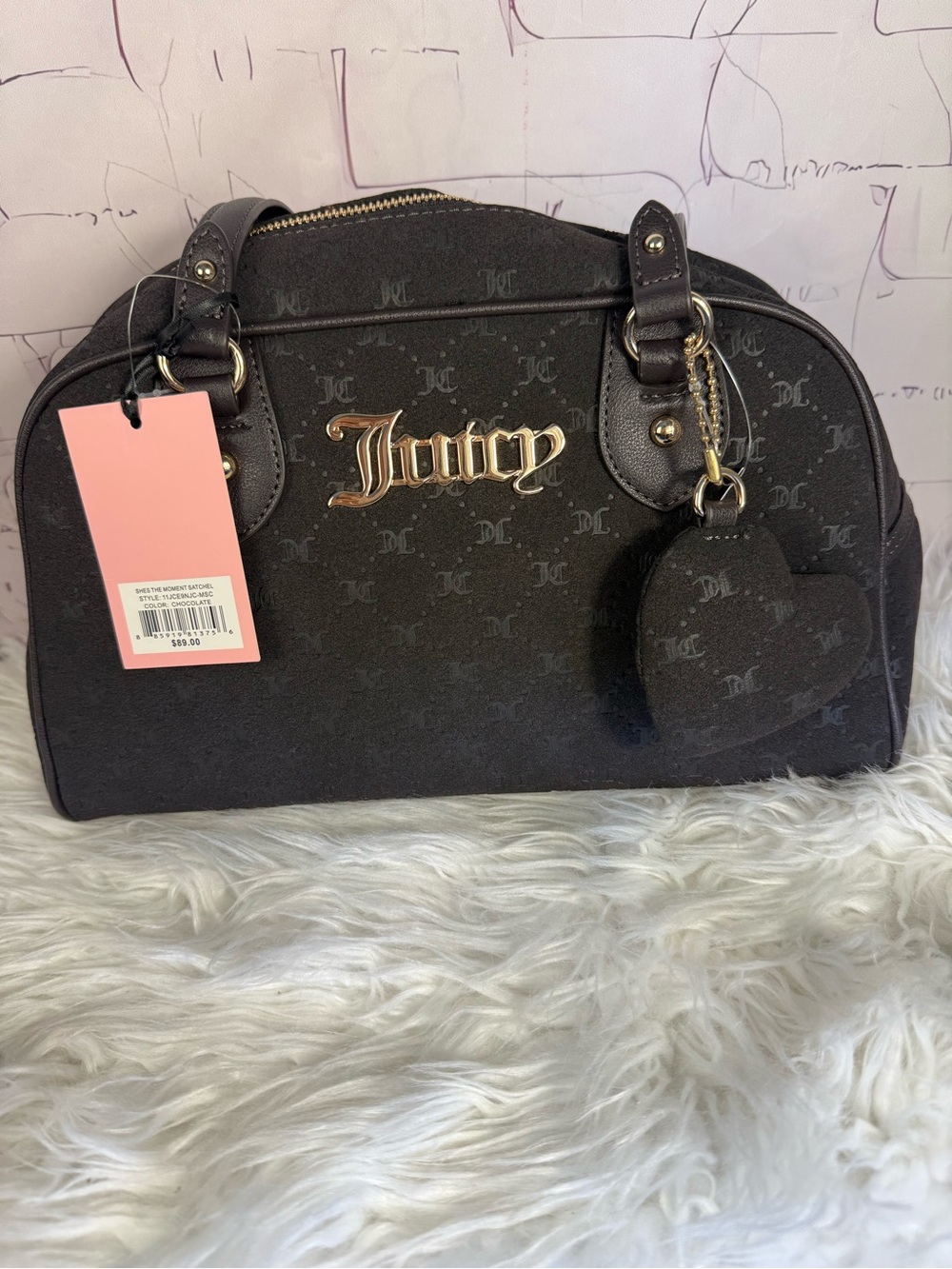 Juicy Couture Black Logo Dome Satchel with Heart Charm and Gold Hardware